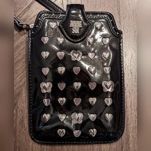 Anna Sui Black Patent Crossbody Cellphone Bag with Silver Hearts Japan